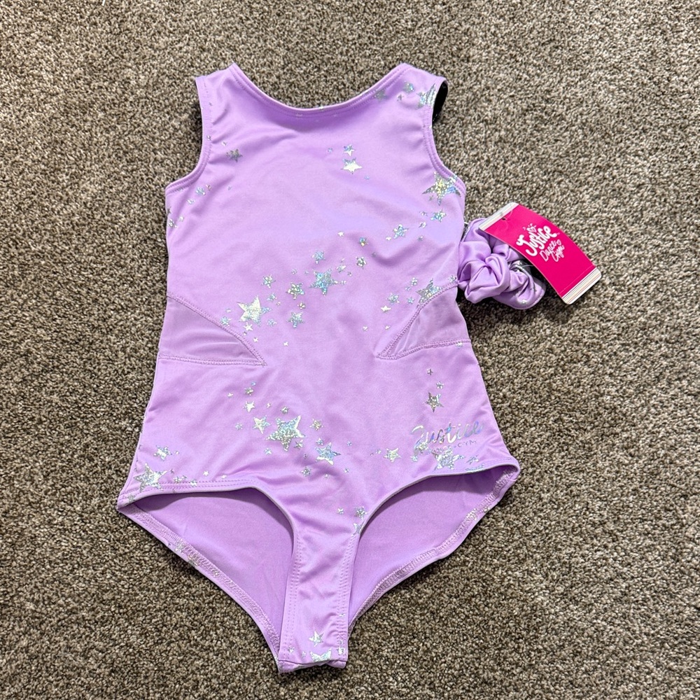 Justice Lavender Dance Leotard with Silver Star Accents and Matching Scrunchie